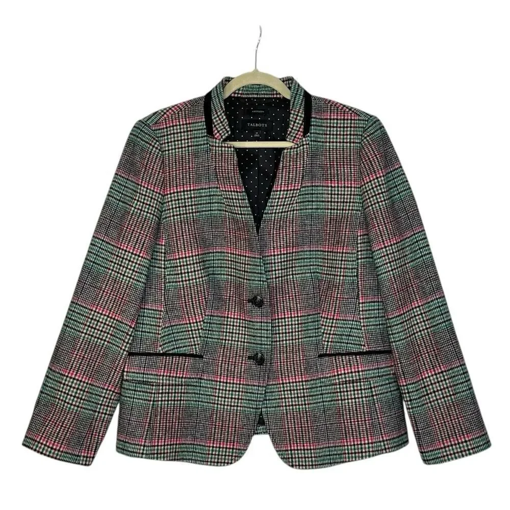 Talbots Shetland Aberdeen Tipped Plaid Wool Blend Blazer | Size 14